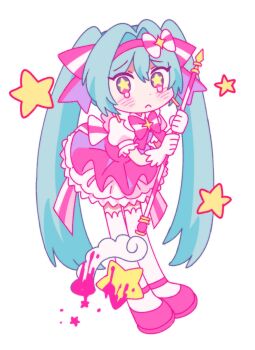 1girl :&lt; aqua_eyes aqua_hair back_ribbon blood bloody_weapon blush blush_stickers bow bowtie bubble_skirt collared_shirt colored_lineart danmi_(_bunnycarrot) dress frilled_sleeves frills gloves hair_between_eyes hair_intakes hair_ornament hairband hatsune_miku headband highres holding holding_staff holding_wand ima_sugu_rinne_(vocaloid) long_hair looking_at_viewer mage_staff magical_girl mary_janes petticoat pink_bow pink_bowtie pink_dress pink_hairband puffy_sleeves shirt shoes short_sleeves simple_background skirt socks solo staff star-shaped_pupils star_(symbol) star_wand symbol-shaped_pupils tears thighhighs twintails very_long_hair vocaloid wand weapon white_background white_gloves