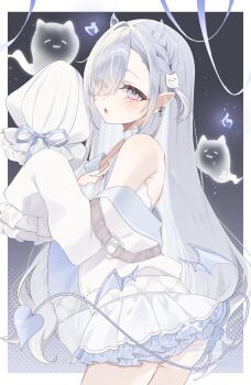 Rule 34 | 1girl, armpit crease, bare shoulders, blush, border, braid, breasts, commentary request, cowboy shot, demon girl, demon horns, demon tail, demon wings, dress, ghost, ghost pose, grey background, grey eyes, grey hair, hair over one eye, highres, horns, long hair, long sleeves, medium breasts, open mouth, original, outside border, parted bangs, pointy ears, short dress, sleeves past fingers, sleeves past wrists, solo, tail, white border, white dress, wings, yu o015