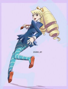 1girl absurdres artist_name blue_dress blue_pantyhose bow caruel_art dress drill_hair hair_bow highres long_hair looking_at_viewer luna_platz_(mega_man) mega_man_(series) mega_man_star_force_(series) pantyhose purple_background simple_background smile striped_clothes striped_pantyhose twin_drills very_long_hair