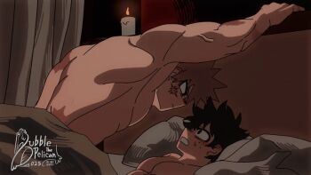 abs anal animated animated_gif back bakudeku bakugou_katsuki bed bedroom blonde_hair blush boku_no_hero_academia breaking broken_bed bubble_10119 candle freckles green_hair lying midoriya_izuku on_bed pectorals pillow scar sex shota shounen_jump sweat yaoi