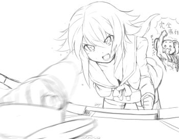 Rule 34 | 1girl, breasts, chaos;child, cheshigom, cleavage, commentary request, determined, hair between eyes, hekiho academy school uniform, leaning forward, long sleeves, looking at viewer, monochrome, onoe serika, open mouth, school uniform, science adventure, simple background, solo, tagme, white background