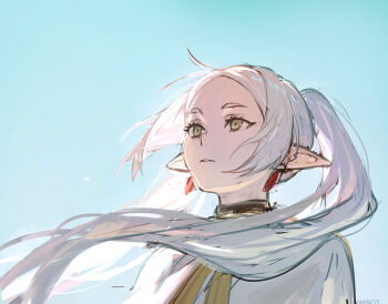 1girl capelet commentary earrings elf english_commentary forehead frieren green_eyes jewelry long_hair meme nagu pointy_ears solo sousou_no_frieren teardrop_earrings twintails upper_body upward_angle_frieren_drawing_(meme) white_capelet white_hair