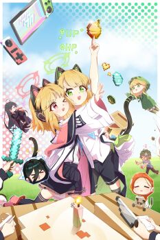 &gt;_&lt; &gt;_o 6+girls :d ;d =_= absurdres ahoge animal animal_ear_headphones animal_ears apple aris_(blue_archive) arm_up artist_name bandaid bandaid_on_head black_hair black_shorts black_skirt black_tail black_thighhighs block_(minecraft) blonde_hair blue_archive blue_bow blue_necktie blue_shirt boots border bow brown_pants buttons cake cake_(minecraft) candle cat_ear_headphones cat_ears cat_tail center_frills chinese_commentary cloud cloudy_sky collared_shirt commentary_request controller creeparka creeper crossed_bandaids crossover diamond_(minecraft) doodle_sensei_(blue_archive) dress_shirt enderman explosive fake_animal_ears fake_tail flying food forehead frilled_skirt frills fruit game_controller game_development_department_(blue_archive) garter_straps gem golden_apple grass grasslands green_eyes green_gemstone green_hair green_halo green_hoodie green_jacket hair_between_eyes halo hand_on_another&#039;s_waist handheld_game_console happy headphones heart highres holding holding_knife holding_plate holding_sword holding_weapon hood hood_down hood_up hooded_jacket hoodie jacket knife long_bangs long_hair_between_eyes long_sleeves medium_hair midori_(blue_archive) midriff_peek millennium_science_school_logo minecraft minecraft_chest minecraft_sword momoi_(blue_archive) multicolored_jacket multiple_girls nahimbei necktie no_hair_bow one_eye_closed one_side_up open_clothes open_jacket open_mouth orange_hair outside_border outstretched_arms pants parted_bangs personification pink_boots pink_eyes pink_halo pink_jacket pixel_heart plate pleated_skirt pointing pointing_up polka_dot polka_dot_background puffy_long_sleeves puffy_sleeves purple_eyes running sensei_(blue_archive) shirt shirt_tucked_in short_sleeves shorts siblings sidelocks sisters skirt sky smile suspender_skirt suspenders sword t-shirt tail tail_raised thighhighs tnt tnt_block_(minecraft) torn_clothes twins two-sided_fabric two-sided_jacket unbuttoned untucked_shirt unworn_jacket weapon white_border white_jacket white_shirt wide_sleeves xd yuzu_(blue_archive) zombie_(minecraft)