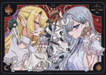 5girls ahoge bare_shoulders blonde_hair bow brown_hair chie_(shibou_yuugi) commentary crescent crown double_bun dress frilled_dress frills full_body glasses green_hair hair_bow hair_bun hair_over_one_eye high_heels highres hourglass keito_(shibou_yuugi) kotoha_(shibou_yuugi) long_hair looking_at_viewer mishiro_(shiboyugi) multiple_girls murasaki_pomeranian purple_bow purple_hair quill scroll shibou_yuugi_de_meshi_wo_kuu. shoes short_hair side_ponytail sleeveless sleeveless_dress sun sword upper_body weapon weights white_dress white_hair white_shoes yin_yang yuuki_(shibou_yuugi)