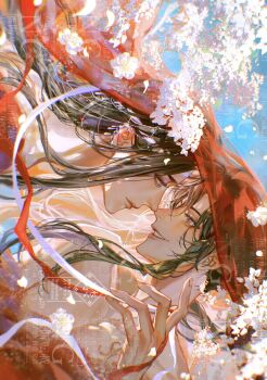 2boys ahoge artist_name baku_ten221 bishounen black_hair blue_sky blurry blurry_foreground brown_eyes cherry_blossoms chinese_wedding chromatic_aberration closed_mouth couple earrings eye_contact eyelashes falling_petals floating_hair flower hair_ornament hair_ribbon headband highres holding holding_ribbon honggaitou husband_and_husband jewelry lan_wangji light_particles long_hair looking_at_another male_focus modao_zushi multiple_boys nude parted_lips pectorals petals pink_flower ponytail profile purple_eyes red_eyes red_ribbon red_veil ribbon shared_veil sidelocks sideways sky smile string string_of_fate twitter_username upper_body veil watermark watermark_grid wei_wuxian white_flower white_headband white_ribbon yaoi