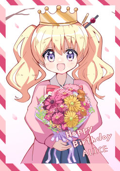 Rule 34 | 1girl, :d, absurdres, alice cartelet, artist request, birthday, blonde hair, blue eyes, blue skirt, blush, bouquet, bow, cardigan, character name, collared shirt, commentary request, crown, english text, eyebrows hidden by hair, flower, hair between eyes, hair ornament, happy, happy birthday, highres, holding, holding bouquet, kin-iro mosaic, long hair, long sleeves, looking at viewer, open cardigan, open clothes, open mouth, petals, pink cardigan, postcard, puffy sleeves, shirt, sidelocks, simple background, skirt, sleeves past wrists, smile, solo, standing, striped bow, twintails, upper body, white background, white shirt