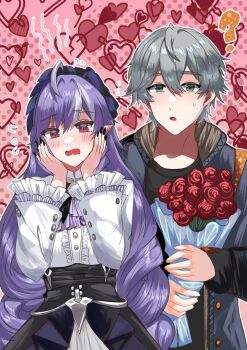 Rule 34 | 1boy, 1girl, ?, ahoge, ascot, black nails, black shirt, blue jacket, blue sealad, blush, bouquet, bow, bowtie, flower, green eyes, grey hair, hair between eyes, hairband, highres, holding, holding bouquet, jacket, long hair, mole, mole under eye, pointy ears, purple ascot, purple bow, purple bowtie, purple hair, purple hairband, red eyes, red flower, red rose, rose, shirt, short hair, shrug (clothing), sweat, upper body, vivian banshee, white shrug, wise (zenless zone zero), zenless zone zero