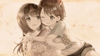 2girls :d ;d aged_down bear_hair_ornament blush bow frilled_shirt frills game_cg hair_bow hair_ornament hug hug_from_side long_hair multiple_girls non-web_source official_art one_eye_closed open_mouth otori_ai sepia shirt short_hair siblings simple_background sisters smile twins white_shirt yanagiya_kokoro yumeutsutsu_re:master