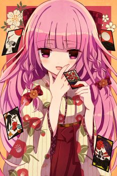 1girl alternate_costume bluestar_iz blunt_bangs border bow braid camellia_print card checkered_bow checkered_clothes cowboy_shot floating_card floral_background floral_print floral_print_kimono flower hair_bow hair_flower hair_ornament hakama hanafuda hand_to_own_mouth highres holding holding_card japanese_clothes kimono light_blush long_hair long_sleeves looking_at_viewer orange_border orange_flower outside_border pink_eyes pink_hair print_kimono red_background red_bow red_hakama sakuramon side_braids solo striped_clothes striped_kimono wide_sleeves witch&#039;s_heart yellow_kimono zizel_(witch&#039;s_heart)