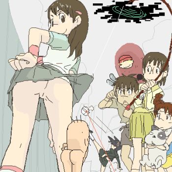 00s 1boy 4girls amasawa_yuuko ass assertive_female assisted_exposure back brown_eyes dennou_coil densuke_(dennou_coil) dog fishing glasses grey_skirt hashimoto_fumie holding kneepits kyuu-chan_(dennou_coil) loli long_hair looking_back lowres miniskirt multiple_girls nintendo no_panties okonogi_kyouko okonogi_yuuko oyaji_(dennou_coil) pixel_art pleated_skirt public_indecency pussy raglan_sleeves sawaguchi_daichi searchmaton_(dennou_coil) shirt skirt standing the_legend_of_zelda third-party_edit uncensored underwear undressing wind