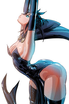 1girl alternate_color alternate_eye_color alternate_skin_color animification arms_up ass bare_hips bare_shoulders black_cloak black_dress black_leotard breasts cape cleavage cleft_of_venus cloak commentary davecavedraws dc_comics dress english_commentary from_side green_eyes highres hood hooded_cloak leotard looking_up medium_breasts narrow_waist parted_lips raven_(dc) shiny_clothes shiny_skin short_hair sideboob solo stretching teen_titans thighs white_background