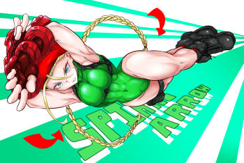 1girl arms_up attack attack_name beret black_boots blonde_hair blue_eyes boots braid breasts cammy_white covered_navel curvy full_body gloves green_background green_leotard hat highleg highleg_leotard highres jumping leotard lips long_hair parted_lips red_gloves red_hat revealing_clothes shiny_skin solo standing street_fighter twin_braids two-tone_background vvv_slider white_background wide_hips