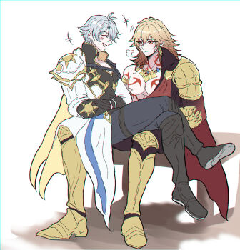 2boys antenna_hair arm_tattoo armlet armor armored_boots black_boots black_choker black_coat black_pants black_shirt blonde_hair blush boots braid chest_tattoo choker clawed_gauntlets closed_eyes coat commentary_request earrings facial_tattoo gold_earrings gold_necklace gradient_hair highres honkai:_star_rail honkai_(series) jewelry knee_boots looking_at_another male_focus medium_hair multicolored_hair multiple_boys mydei_(honkai:_star_rail) neck_tattoo necklace open_clothes open_coat pants parted_bangs pauldrons phainon_(honkai:_star_rail) puff_of_air red_hair red_tattoo religion1 shirt short_hair shoulder_armor side_braid single_pauldron sitting sitting_on_lap sitting_on_person tattoo white_coat white_hair yaoi yellow_eyes