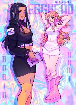 Rule 34 | 2024, 2girls, adapted costume, alternate costume, arm tattoo, arms up, black hair, black jacket, black skirt, book, boots, breasts, character name, cleavage, commentary, cropped jacket, eyelashes, full body, hands in own hair, headphones, holding, holding book, hood, jacket, long hair, looking at viewer, mih0, multiple girls, nami (one piece), nami (one piece) (egghead), nico robin, nico robin (egghead), one piece, orange eyes, orange hair, orange thighhighs, pink boots, purple eyes, radio antenna, shadow, sidelocks, skirt, sleeveless, sleeveless turtleneck, smile, tattoo, thighhighs, turtleneck, twitter username, white skirt