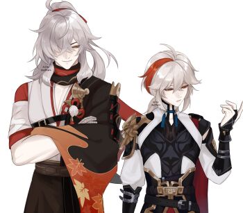 2boys absurdres antenna_hair armor artist_name asymmetrical_sleeves bandaged_hand bandages black_scarf bridal_gauntlets chinese_clothes closed_mouth commentary company_connection cosplay costume_switch crossed_arms crossed_bangs english_commentary expressionless eyelashes genshin_impact gold_trim hair_between_eyes hair_over_one_eye hair_ribbon hakama hand_up haori high_ponytail highres honkai:_star_rail honkai_(series) illa_ohara japanese_armor japanese_clothes jing_yuan jing_yuan_(cosplay) kaedehara_kazuha kaedehara_kazuha_(cosplay) kimono leaf_print long_hair long_sleeves looking_to_the_side low_ponytail male_focus mandarin_collar maple_leaf_print mole mole_under_eye multicolored_hair multiple_boys one_eye_covered parted_bangs parted_lips pom_pom_(clothes) ponytail red_eyes red_hair red_ribbon red_scarf ribbon scarf shirt short_sleeves shoulder_armor sidelocks simple_background smile sode streaked_hair tassel uneven_sleeves watermark white_background white_hair white_kimono white_shirt wide_sleeves yellow_eyes