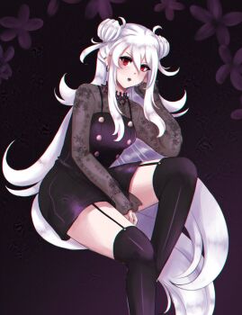 1girl absurdly_long_hair black_dress black_thighhighs chanpotei commentary dress english_commentary garter_straps goth_fashion highres long_hair red_eyes sukone_tei thighhighs utau very_long_hair white_hair