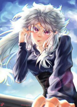 1girl :p absurdres blue_sky collared_shirt highres light_particles long_hair long_sleeves mackenzie_napoli original red_eyes sangius sangius_petrified shirt sky sunlight tongue tongue_out white_hair wind