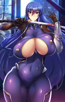 1girl akiyama_rinko blood bodysuit breasts curvy gloves haganef highres holding holding_sword holding_weapon huge_breasts katana long_hair looking_away microsoft_windows night night_sky shiny_clothes shiny_skin sky solo sword taimanin_(series) taimanin_yukikaze upper_body very_long_hair weapon