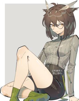 1girl arknights black_shorts border brown_hair brown_sweater chinese_commentary closed_mouth commentary_request feather_hair full_body glasses green_socks grey_background hair_between_eyes huoshan_xue knee_up long_sleeves looking_at_viewer no_shoes outside_border owl_ears short_hair shorts silence_(arknights) sitting socks solo sweater white_border yellow_eyes