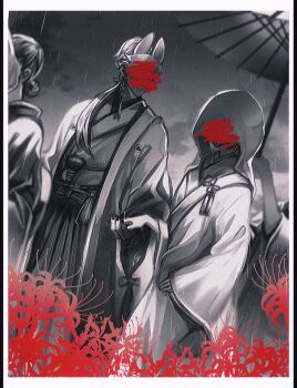 anaki black_nails border bride couple flower flower_knot fox_mask fox_mask_(silent_hill) groom hair_over_shoulder hetero highres holding_hands husband_and_wife japanese_clothes kimono long_hair low_ponytail mask monochrome nail_polish oil-paper_umbrella ponytail rain red_flower robe shimizu_hinako short_hair silent_hill_(series) silent_hill_f spider_lily uchikake umbrella white_border white_hair white_hood white_robe wide_sleeves