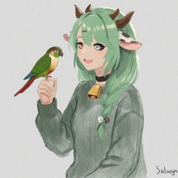 1girl :d absurdres animal_ears bell bird bird_on_hand black_choker black_sclera blue_eyes braid choker colored_sclera cow_ears cow_girl cow_horns cowbell crelly_(vtuber) dice_hair_ornament green_hair grey_background grey_sweater hair_intakes hair_ornament hair_over_shoulder hairpin hashtag-only_commentary heterochromia highres horns indie_virtual_youtuber long_hair long_sleeves looking_at_animal multiple_hairpins neck_bell open_mouth parrot pink_eyes simple_background single_braid smile solo sulwyn_vt sweater teeth upper_body upper_teeth_only virtual_youtuber x_hair_ornament