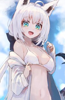 1girl :d ahoge alternate_costume animal_ear_piercing animal_ears bikini black_ribbon blue_eyes blurry blush bokeh braid breasts commentary_request depth_of_field double-parted_bangs fox_ears fox_girl fox_tail hair_between_eyes hair_ribbon highres hololive hood hood_down hooded_jacket jacket lens_flare long_hair long_sleeves looking_at_viewer low_ponytail medium_breasts navel nyucha off_shoulder open_clothes open_jacket open_mouth ponytail ribbon shirakami_fubuki side_braid sky smile solo stomach swimsuit tail upper_body virtual_youtuber wet wet_hair white_bikini white_hair white_jacket