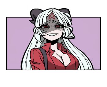 1girl ahoge animal_ears baphomet_(grizz) belt black_belt black_gloves black_horns black_pants blunt_bangs boots coat collared_shirt demon_girl demon_horns full_body gloves goat_ears goat_girl goat_horns grey_background grizz helltaker highres horns lineart long_hair multiple_views original pale_skin pants red_coat red_shirt reference_sheet shirt simple_background smile standing vanripper_(style) white_hair