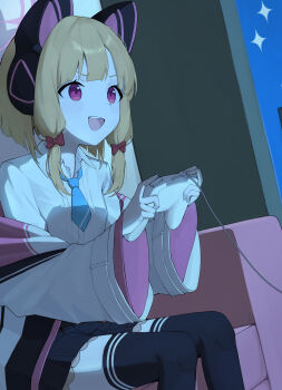 1girl absurdres animal_ear_headphones animal_ears black_skirt black_thighhighs blonde_hair blue_archive blue_necktie bow cat_ear_headphones cat_ears commentary controller couch english_commentary fake_animal_ears frilled_skirt frills hair_bow halo headphones highres holding holding_controller indoors jacket kuaspa long_sleeves momoi_(blue_archive) necktie on_couch open_clothes open_jacket open_mouth pink_halo playing_games purple_eyes red_bow shirt short_hair sidelocks sitting skirt smile solo sparkle teeth thighhighs upper_teeth_only white_jacket white_shirt wide_sleeves zettai_ryouiki