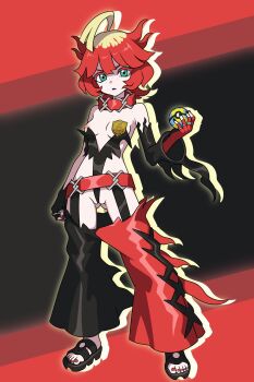 Rule 34 | 1girl, absurdres, adapted costume, ahoge, aqua eyes, black background, black nails, black pants, blonde hair, breasts, female focus, freckles, full body, highres, holding, holding poke ball, hoshi wo miru, looking at viewer, mela (pokemon), multicolored hair, nintendo, nipple slip, nipples, panties, pants, petite, poke ball, pokemon, pokemon sv, punk, quick ball, red background, red hair, red nails, red pants, revealing clothes, sandals, simple background, small breasts, solo, standing, two-tone hair, two-tone pants, underwear