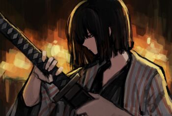 1girl badnick69_(camchi) black_hair bob_cut commentary_request e.g.o_(project_moon) fighting_stance forest_for_the_flames_(e.g.o) from_side haori highres holding holding_sword holding_weapon japanese_clothes korean_commentary limbus_company project_moon ready_to_draw red_eyes ryoshu_(project_moon) short_hair solo striped_haori sword weapon