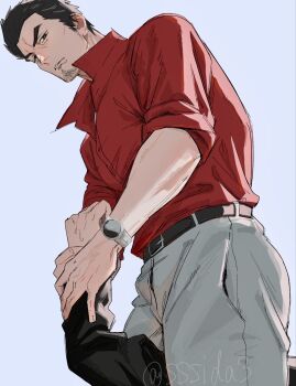2boys belt belt_buckle black_belt black_hair black_shirt brown_eyes buckle commentary_request grey_pants highres holding_another&#039;s_arm kiryu_kazuma long_sleeves looking_down male_focus medium_sideburns multiple_boys open_collar out_of_frame pants popped_collar ryuu_ga_gotoku_(series) shirt shirt_tucked_in short_hair simple_background sleeves_rolled_up solo_focus sssida3 standing watch wristwatch