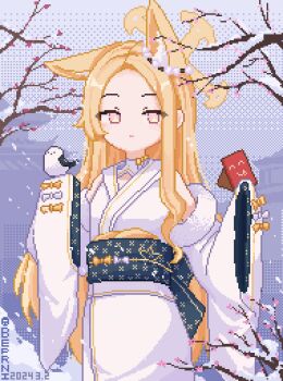 1girl absurdres akizuki_kawakaze animal_ears bird bird_on_hand blonde_hair blue_archive commentary_request dated ear_ornament expressionless fox_ears halo highres japanese_clothes kimono long_hair long_sleeves obi outdoors pink_eyes pixel_art sash seia_(blue_archive) sleeve_bow snow snow_on_tree solo very_long_hair wide_sleeves