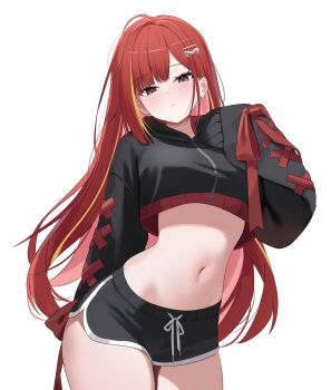 1girl ahoge akane_lize alternate_costume black_eyes black_hoodie black_shorts commentary_request cowboy_shot crop_top crop_top_overhang dolphin_shorts drawstring earrings hair_ornament hairclip hand_up head_tilt highres hood hood_down hoodie jewelry korean_commentary long_hair long_sleeves looking_at_viewer midriff mole mole_under_eye multicolored_hair nannung navel parted_lips red_hair short_shorts shorts sidelocks simple_background sleeves_past_fingers sleeves_past_wrists solo standing stellive stomach streaked_hair stud_earrings very_long_hair virtual_youtuber white_background