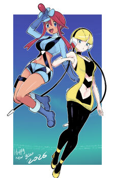 2026 2girls :d absurdres arm_up black_pantyhose blonde_hair blue_boots blue_eyes blue_gloves blue_jacket blue_shorts blunt_bangs blush boots border closed_mouth commentary elesa_(pokemon) gloves hair_ornament happy_new_year headphones high_heels highres idiocracy_xao jacket locked_arms multiple_girls navel new_year nintendo open_mouth outside_border pantyhose pokemon pokemon_bw pouch red_hair shoes short_hair short_shorts shorts sidelocks skyla_(pokemon) smile thigh_pouch white_border yellow_shoes