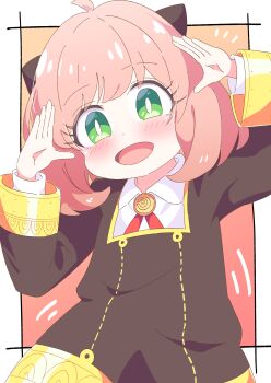 1girl :d absurdres anya_(spy_x_family) arms_up black_dress blush border bright_pupils child collared_shirt commentary cowlick dress eden_academy_school_uniform english_commentary gold_trim gradient_background green_eyes hairpods highres layered_sleeves long_sleeves looking_at_viewer medium_hair mixed-language_commentary neck_ribbon notice_lines open_mouth orange_background outside_border pink_hair red_ribbon ribbon school_uniform shirt sleeve_cuffs smile solo spy_x_family upper_body white_border white_pupils white_shirt yuki_nagisaa
