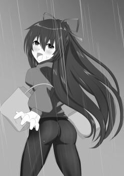 1girl ass blush date_a_live from_behind greyscale hair_ribbon long_hair looking_at_viewer monochrome open_mouth pants rain rayos ribbon smile solo very_long_hair yatogami_tohka yoga_pants
