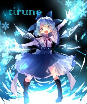 1girl :d black_background black_boots blue_bow blue_eyes blue_hair blue_skirt boots bow character_name cirno commentary_request full_body hair_bow high-waist_skirt ice ice_wings long_sleeves looking_at_viewer neck_ribbon one-hour_drawing_challenge open_mouth red_ribbon ribbon shinjitsu_no_kuchi shirt short_hair skirt smile snowflakes solo standing touhou v-shaped_eyebrows white_shirt wings