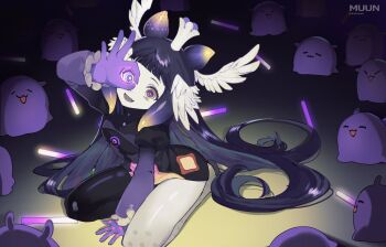 1girl artist_name asymmetrical_legwear black_dress black_pantyhose blunt_bangs crown dress feathered_wings glowstick hashtag-only_commentary head_wings highres hololive hololive_english juliet_sleeves long_hair long_sleeves looking_at_viewer muunyawn ninomae_ina'nis open_mouth pantyhose puffy_sleeves purple_eyes purple_hair purple_hands sitting tako_takover_(ninomae_ina'nis) tentacle_hair virtual_youtuber wariza white_pantyhose white_wings wings