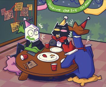+++ 2boys 2others :t animal_costume animal_ears anime_coloring anniversary annoyed ant_tenna arm_on_table arm_rest artist_name bandana banner black_eyes black_pants black_poncho bow bowtie boxing_gloves brown_hat cable cameo cat_costume cat_ears cat_mike_(deltarune) chabudai chalkboard cocked_eyebrow collared_shirt colored_lineart colored_mouth colored_sclera commentary copyright_name cowboy_hat cowboy_hat_mike cup deltarune disposable_cup drawing_(object) eating empty_plate english_commentary evidence_board eyes_in_shadow facing_another film_grain food food_in_mouth friend_(deltarune) fruit full_body green_eyes green_necktie green_pippins green_trim grid_teeth grin hand_up hat heterochromia jaggy_lines knee_up kris_(dark_world)_(deltarune) kris_(deltarune) looking_at_another looking_to_the_side mimikabii mini_party_hat mismatched_sclera mouth_in_shadow multiple_boys multiple_hats multiple_others necktie no_pupils note on_cushion on_floor open_mouth pants pencil pink_hat pink_sclera pippins_(deltarune) plate pom_pom_(clothes) pom_pom_hat_ornament raised_eyebrow ralsei ralsei_(hat) red_bandana red_bow red_bowtie red_hat round_table shadow shadowguy_(deltarune) shirt sitting small_mike_(deltarune) smile solid_eyes sparkle star_(symbol) strawberry string susie_(dark_world)_(deltarune) susie_(deltarune) table tile_floor tiles tv_world_(deltarune) under_table uneven_eyes utdr_(toby_fox) white_shirt wooden_table yellow_hat yellow_sclera zapper_(deltarune)
