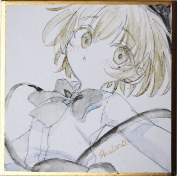 1girl absurdres beret black_bow black_hat blush bow brown_eyes brown_hair collared_shirt commentary_request dress_shirt hat hatoba_tsugu highres parted_lips photo_(medium) sha2mo shikishi shirt signature skirt solo suspender_skirt suspenders traditional_media tsugu_(vtuber) virtual_youtuber white_shirt