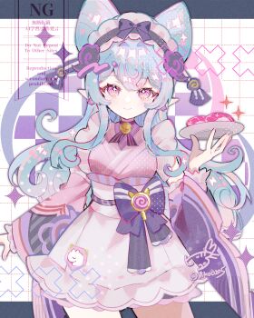 1girl :> biko0205 blue_hair bow breasts commentary_request cowboy_shot earrings flower flower_earrings food four-pointed_star frilled_kimono frills genshin_impact grid_background hand_up highres holding holding_tray japanese_clothes jewelry kimono long_hair long_sleeves looking_at_viewer maid_headdress medium_breasts multicolored_eyes nihongami pink_eyes pink_kimono pink_sash pointy_ears purple_bow purple_flower rice salmon sash sidelocks solo sushi tray twitter_username two-tone_eyes wide_sleeves x_(symbol) yellow_eyes yumemizuki_mizuki