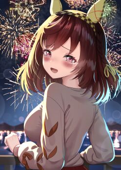 1girl blush brown_hair buena_vista_(casual)_(umamusume) buena_vista_(umamusume) commentary_request crying crying_with_eyes_open ear_covers fireworks from_behind grey_shirt highres horse_girl long_sleeves medium_hair night open_mouth purple_eyes shirt solo tears umamusume wanderlucia