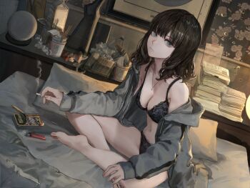 1girl barefoot bed bed_sheet black_bra black_hair black_panties blunt_bangs bra breasts bullet_hole cigarette cleavage crossed_legs curly_hair drawstring drink_carton dutch_angle expressionless grey_eyes grey_hoodie hashimoto_kokai highres hood hoodie instant_cup_noodles instant_noodles jacket jewelry lighter long_sleeves looking_at_viewer medium_breasts medium_hair milk_carton navel necklace newspaper_stack off_shoulder open_can open_clothes open_jacket original panties phone pillow sidelocks sitting sleeves_past_wrists smoke solo trash underwear wallpaper_(object)