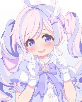 1girl absurdres ahoge blue_archive bow commentary_request drill_hair gloves gradient_background hair_ornament halo highres looking_at_viewer magical_girl multicolored_hair official_alternate_costume open_mouth pink_hair pink_halo puffy_short_sleeves puffy_sleeves purple_bow purple_eyes purple_hair reisa_(blue_archive) reisa_(magical)_(blue_archive) revision short_sleeves simple_background solo star_(symbol) star_hair_ornament twin_drills twintails two-tone_hair upper_body white_background white_gloves wing_hair_ornament zusshii_(libertasgenesis)