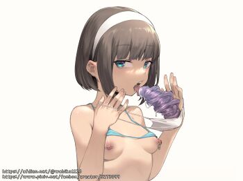 1girl bikini black_hair blue_bikini blue_eyes breasts dildo_gag dildo_under_mask face_mask gag hairband kakuchou_no_ou large_insertion looking_at_viewer mask mouth_mask nipple_piercing nipples original piercing saliva short_hair simple_background small_breasts solo swimsuit teeth tongue tongue_out white_background