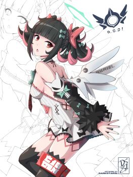1girl armpit_crease artist_name bare_shoulders black_hair black_sleeves black_thighhighs bow breasts brown_eyes clothing_cutout colored_inner_hair commentary cowboy_shot darkstar31 detached_sleeves green_bow halo highres multicolored_hair nangong_yu pink_hair sideboob simple_background solo thighhighs white_background white_wings wings zenless_zone_zero zoom_layer