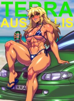 1girl abs australian_flag australian_flag_bikini australian_flag_print bikini blonde_hair blush breasts car cleavage commentary csaurageul english_commentary flag_print flag_print_bikini highres large_breasts long_hair looking_at_viewer motor_vehicle muscular muscular_female navel on_car original print_bikini smile solo standing swimsuit thick_thighs thighs