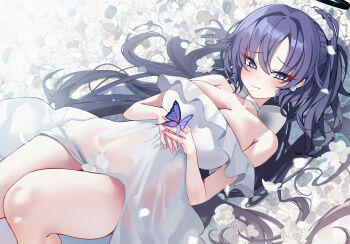 1girl absurdres alternate_costume alternate_hairstyle bare_shoulders black_halo blue_archive blush breasts bug butterfly butterfly_on_hand cleavage closed_mouth commentary dress halo highres insect large_breasts long_hair looking_at_viewer mango_(mango0208) off-shoulder_dress off_shoulder ponytail purple_eyes purple_hair see-through_clothes see-through_dress solo very_long_hair white_dress yuuka_(blue_archive)