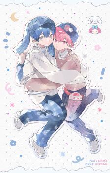 Rule 34 | !, 2boys, alternate costume, animal ears, arm around shoulder, backpack, bag, bamby (plave), beanie, blue hair, cinnamoroll, closed mouth, commentary, crescent, dot nose, double-parted bangs, fake animal ears, flower, grey eyes, hair between eyes, hat, highres, jewelry, male focus, multiple boys, my melody, necklace, pants, pink eyes, pink hair, pink sweater, pinstripe pants, pinstripe pattern, plave, qin ningshui buleng, rabbit ears, sanrio, shirt, shoes, short hair, sleeves past fingers, sleeves past wrists, sneakers, sweater, symbol-only commentary, turtleneck, white shirt, white shoes, white sweater, yejun (plave)