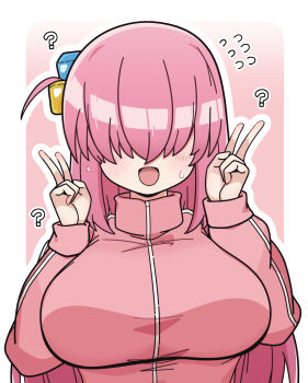 1girl 2cacap :d ? ?? ^^^ alternate_hairstyle blush_stickers bocchi_the_rock! border breasts commentary_request cube_hair_ornament double_v gotoh_hitori hair_ornament hair_over_eyes highres jacket large_breasts long_hair long_sleeves looking_at_viewer one_side_up open_mouth outline pink_background pink_hair pink_jacket sidelocks smile solo track_jacket upper_body v white_border white_outline zipper